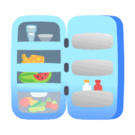 Hűtő tartalma, friss élelmiszerek és tisztítószerek képe.